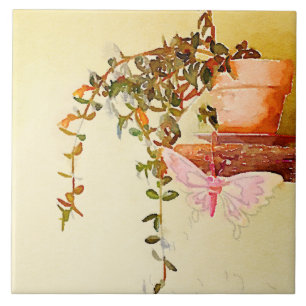 Carreau Aquarelle Plante en pointillés et papillon en mé