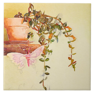 Carreau Aquarelle Plante en pointillés et papillon en méta