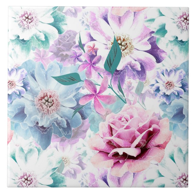 Carreau Aquarelle rose, fleurs bleues. (Devant)
