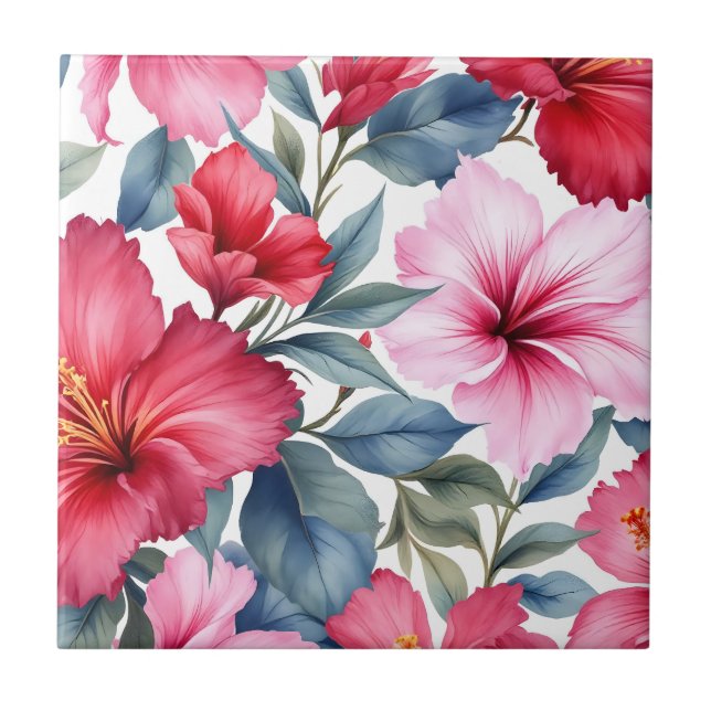 Carreau Aquarelle rose rouge florale Élégante (Devant)