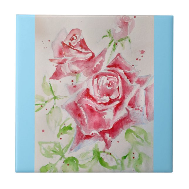 Carreau Aquarelle Rose Rouge Roses Rose Foncé Floral Bleu  (Devant)