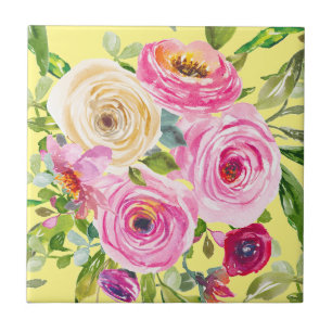 Carreau Aquarelle Roses en rose et rouge sur jaune