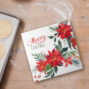 Carreau Aquarelle Rouge Poinsettia Bouquet Noël