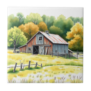 Carreau Aquarelle rustique de la grange entourée de champs