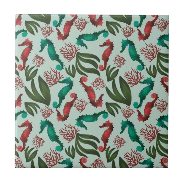 Carreau Aquarelle Seahorse Mint Motif nautique (Devant)