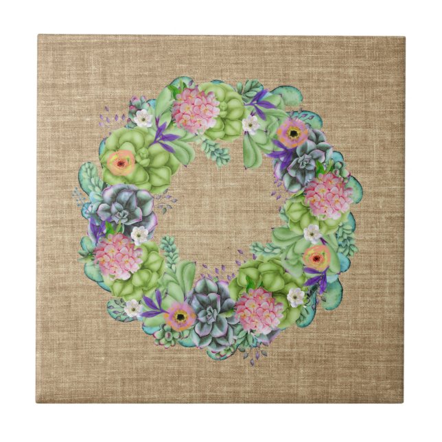 Carreau Aquarelle succulente couronne florale sur tan (Devant)