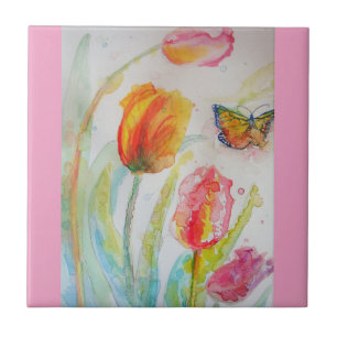 Carreau Aquarelle Tulipe rose Fleur florale Carrelage en c