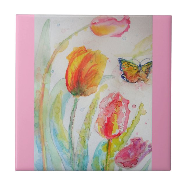 Carreau Aquarelle Tulipe rose Fleur florale Carrelage en c (Devant)