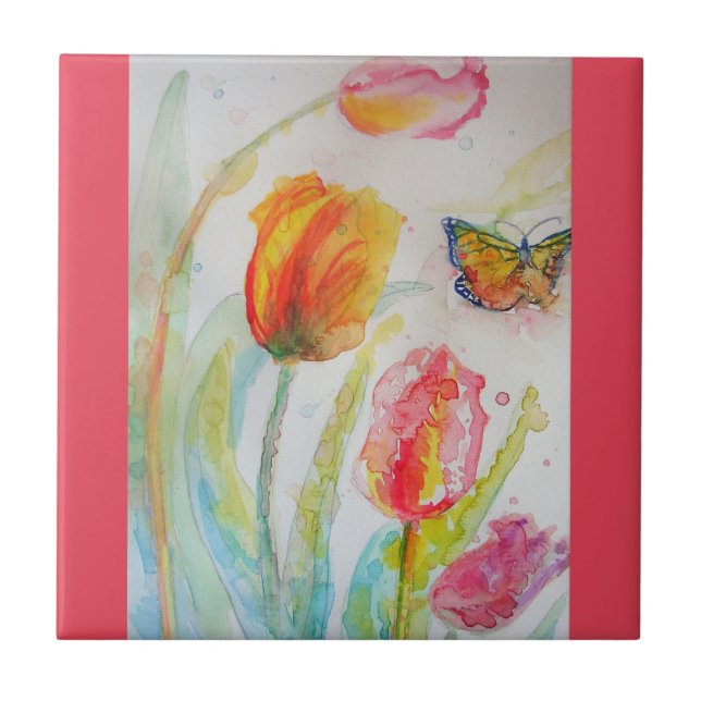 Carreau Aquarelle Tulipe rose Fleur florale Carrelage en c (Devant)