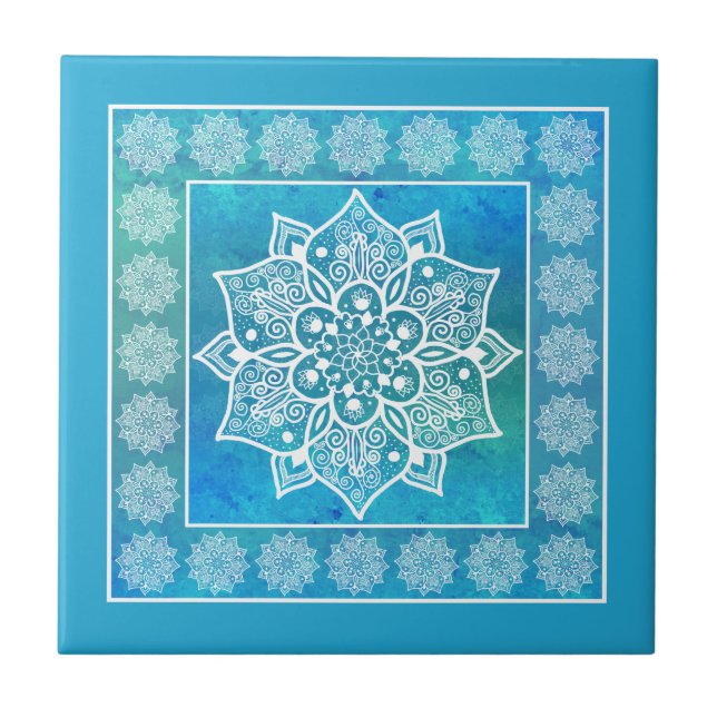 Carreau Aquarelle turquoise du Boho, mandala floral (Devant)