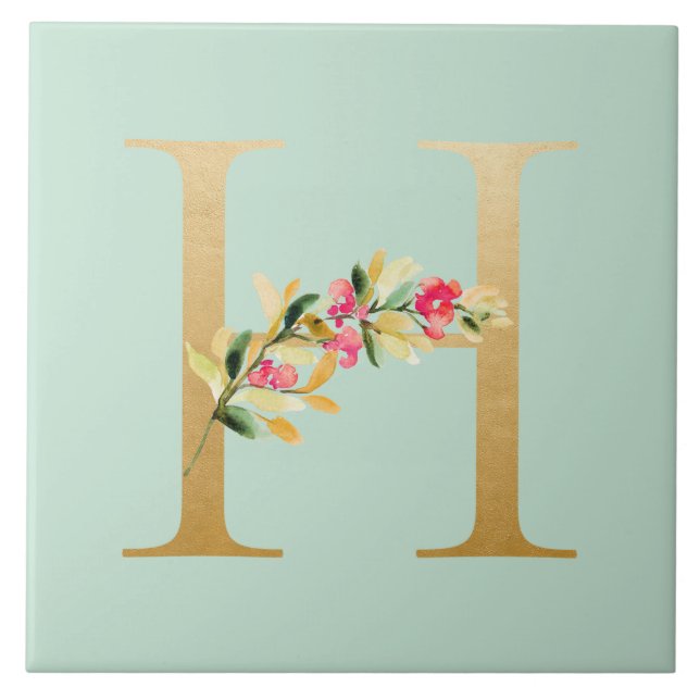 Carreau Aquarelle vert arrière - plan faux or H floral (Devant)