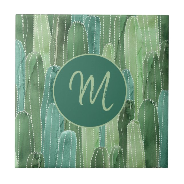 Carreau Aquarelle verte turquoise Cactus Monogramme (Devant)