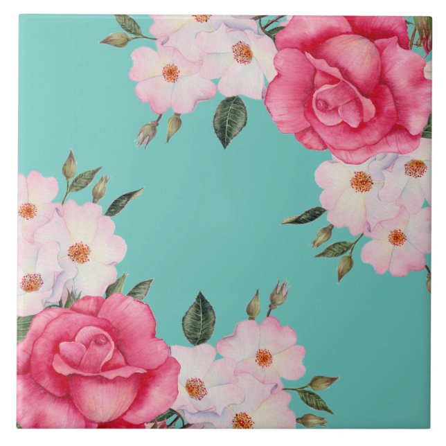 Carreau Aquarelle Vibrant rose Roses blanches Turquoise Re (Devant)