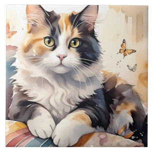 Carreau Aquarelle Whimsical Calico Chat et Papillons
