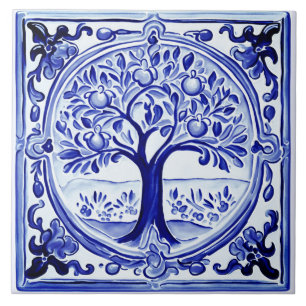 Carreau Arbre à fruits bleu et blanc Art folklorique médit