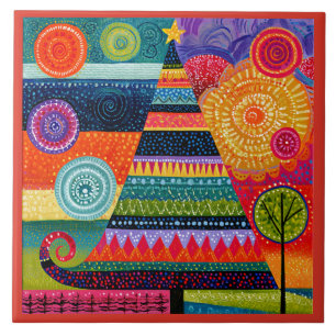 Carreau Arbre de Noël abstrait, Art populaire coloré,