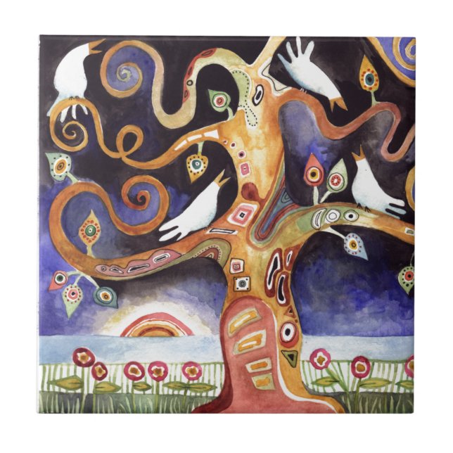 Carreau ARBRE des colombes d'aquarelle de la VIE (Devant)