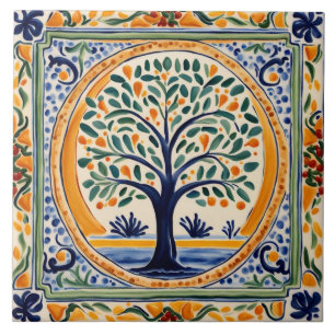 Carreau Arbre méditerranéen Bleu rustique & Jaune Art folk