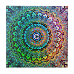 Carreau Arc-en-ciel et coeurs amusants Mandala