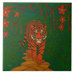 Carreau Art de cloisonné Tigre sur le chemin de la jungle