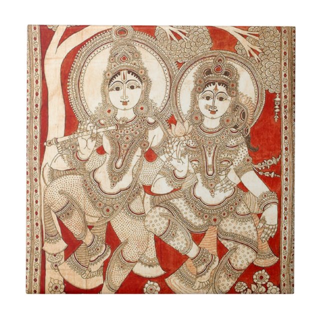 CARREAU ART DE LA DANSE RADHA KRISHNA KALAMKARI DE L'INDE (Devant)