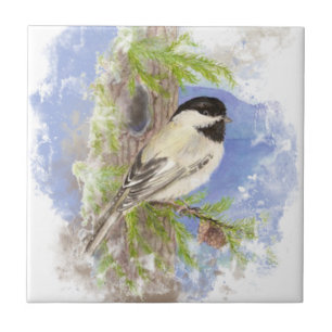 Carreau Art de nature d'oiseau de Chickadee d'aquarelle