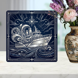 Carreau Art Déco Argent bateau Vagues de l'océan Nuit étoi