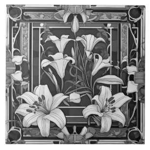 Carreau Art Déco Art Nouveau Blanc Lit Fleur Gris Floral