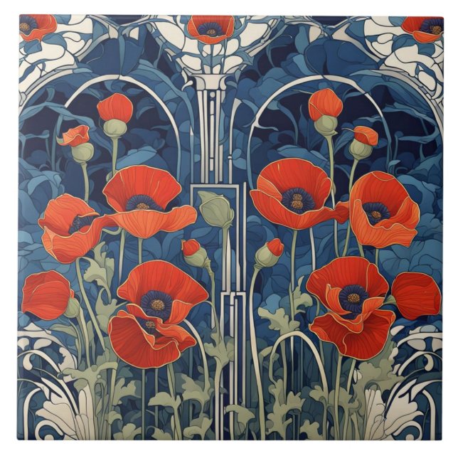 Carreau Art Déco Art Nouveau Fleurs de Pavot Rouge Bleu (Devant)