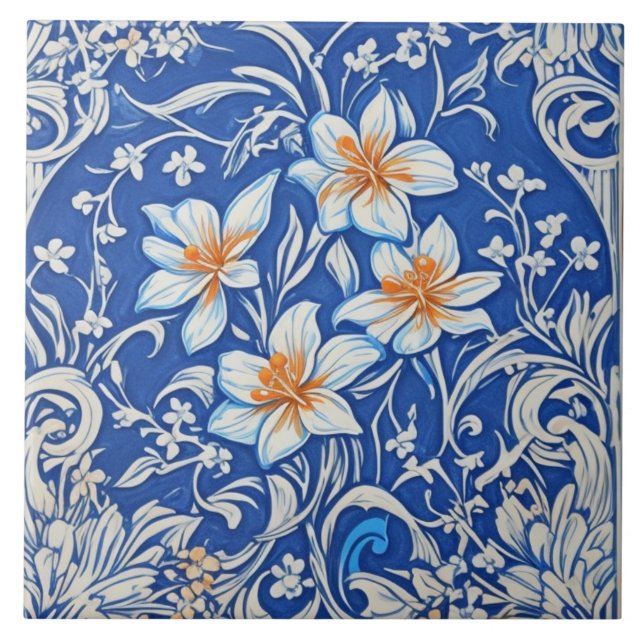 Carreau Art déco Art Nouveau Lys blancs Fleurs sur bleu (Devant)