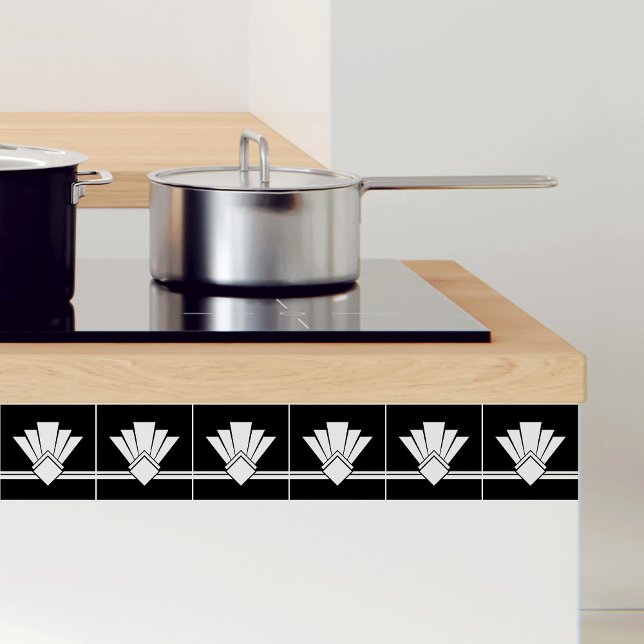 Carreau Art Déco Blanc sur Black Chic Bordure géométrique  (Créateur téléchargé)