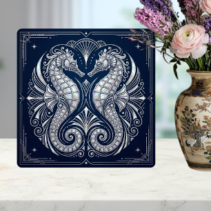 Carreau Art Déco Deux Hippocampes Nacré Bleu