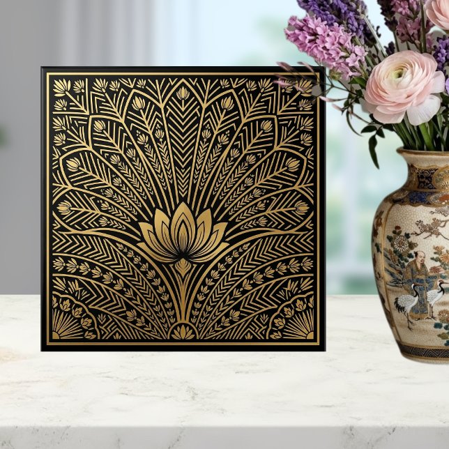 Carreau Art Deco Gold Lotus Black Geometric Pattern (Créateur téléchargé)