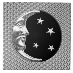 Carreau Art Déco Lune et étoiles - Noir et Argent
