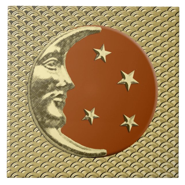 Carreau Art Déco Lune et étoiles - Rust Brown et or (Devant)