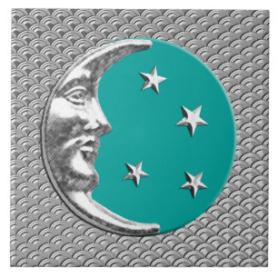 Carreau Art Déco Lune et étoiles - Turquoise & Argent