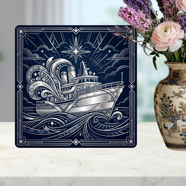 Carreau Art Deco Silver  boat Ocean Waves Starry Night (Créateur téléchargé)