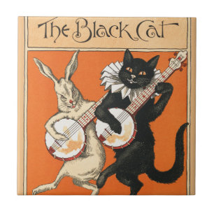 Carreau Art du banjo du chat noir rétro orange lapin blanc