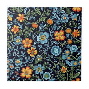 Carreau Art floral complexe : Fleurs bleues et orange 
