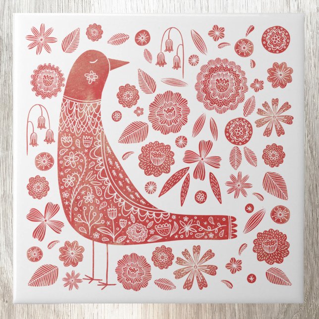 Carreau Art folklorique d'oiseaux (Scandinavian watercolor red and white bird art ceramic tile)