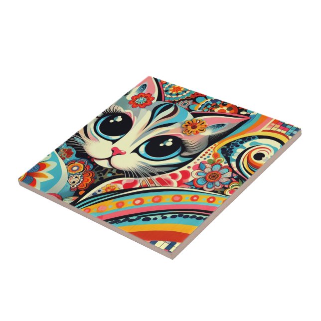 Carreau Art folklorique mexicain Abstrait Kitty Chat Talav (Côté)