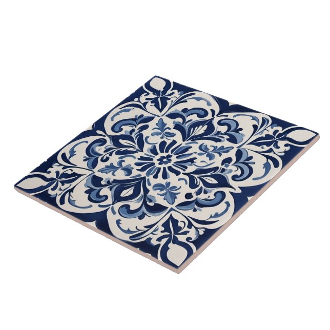 Carreau Art géométrique bleu et blanc classique (Côté)