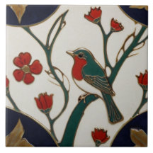 Art Nouveau Bluebird Rouge & Bleu Oiseau Art Déco