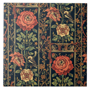 Carreau Art Nouveau botanique orné Rose oiseau vintage