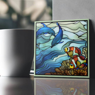 Carreau Art Nouveau Clown Poisson et dauphins Vitrail