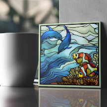 Art Nouveau Clown Poisson et dauphins Vitrail