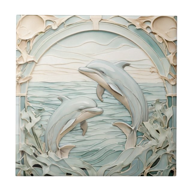 Carreau Art Nouveau Faux Relief Dolphins Mint Bleu & Blanc (Devant)