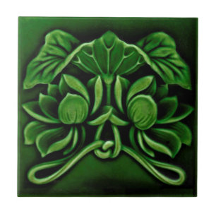 Carreau Art Nouveau Faux Relief Floral Majolica Dk Green