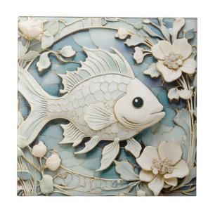 Carreau Art Nouveau Faux Relief Océanique Poisson Face