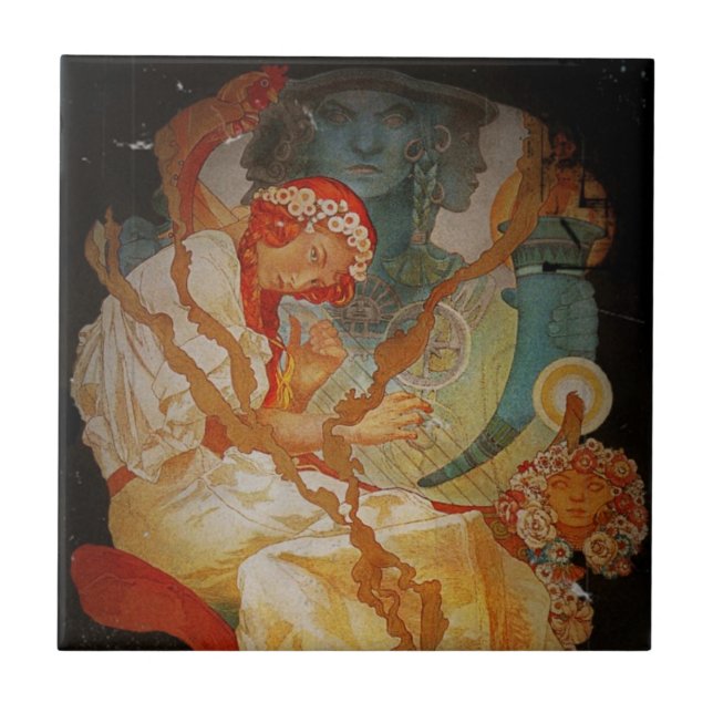 Carreau Art nouveau fille avec harpe 1903 (Devant)